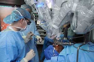 Dr. Tamer Ghanem performs transoral robotic surgery to remove head and neck cancer tumors. Image courtesy of Henry Ford Health System.