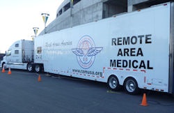The RAM mobile unit parked outside the Oakland Coliseum, having completed the journey from Knoxville, TN. Organizers are considering a new branch to serve California.