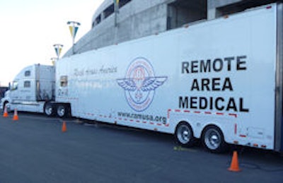 The RAM mobile unit parked outside the Oakland Coliseum, having completed the journey from Knoxville, TN. Organizers are considering a new branch to serve California.