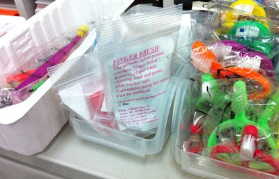 The Family Health Center clinic at San Francisco General Hospital gives finger brushes to patients 0 to 12 months old, a shortened triangle brush for those 13 months to 2 years old, and a regular toothbrush for patients older than 2 years.