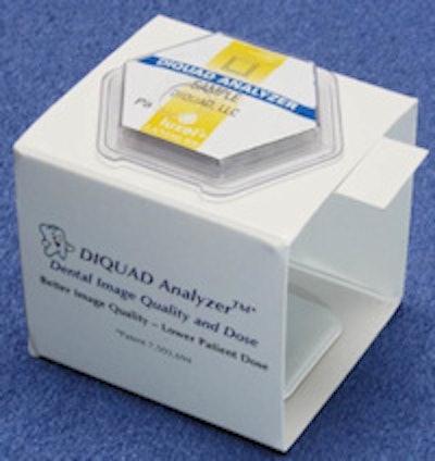 The DIQUAD Analyzer is a flat cardboard device that unfolds into a box holding a Landauer Luxel+ dosimeter, test objects, and a packet of dental film. All images courtesy of Joel Gray, PhD, DIQUAD.