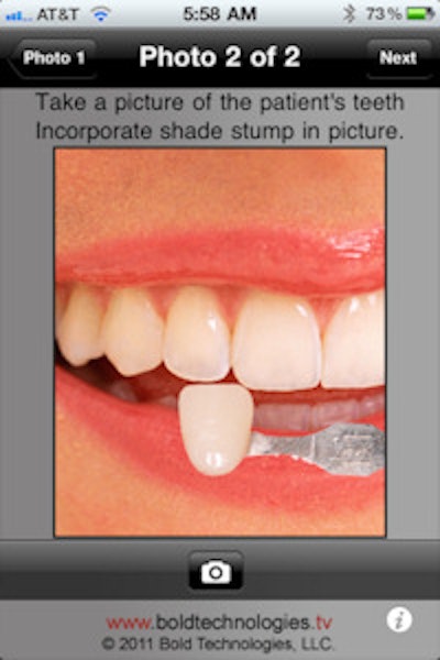 With Dental Rx, practitioners take a patient head shot and a picture with a shade stump held in front of the patient's teeth, and enter the patient's information into the app with the restoration type, material, and a due date. Then the information is emailed to the lab. Image courtesy of Styledent Technologies.