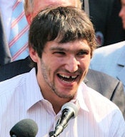 Alex Ovechkin addresses a crowd in Washington, DC, after receiving the key to the city in honor of his winning the NHL's Hart Memorial Trophy as league MVP for the 2007-2008 season.