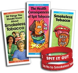 The 'Spit It Out' wristband and smokeless tobacco prevention pamplets. Image courtesy of Journeyworks Publishing.