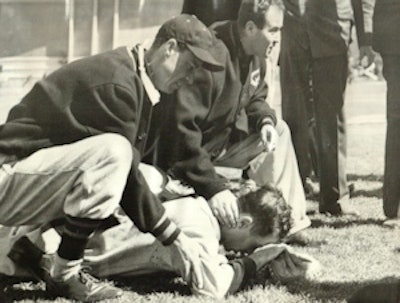 Sprinz knocked out eight teeth, fractured his upper jaw, broke his nose, and severely lacerated both lips.