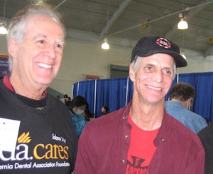 Top: Doug Fountain, a 52-year-old who had gone without teeth for more than a year, received a full set of dentures during the clinic. Bottom: Fountain with his new dentures stands with Lawrence Wallace, DDS, developer of the Larell one-hour denture system. He made 81 dentures for patients during the two-day clinic.
