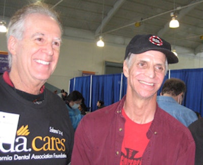 Top: Doug Fountain, a 52-year-old who had gone without teeth for more than a year, received a full set of dentures during the clinic. Bottom: Fountain with his new dentures stands with Lawrence Wallace, DDS, developer of the Larell one-hour denture system. He made 81 dentures for patients during the two-day clinic.