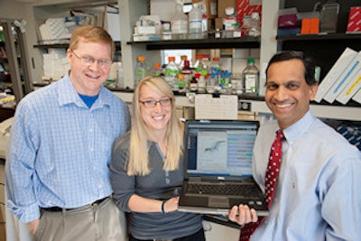 Ravindra Uppaluri, MD, PhD (right), led a team that developed a preliminary diagnostic test that identifies aggressive oral tumors. Michael D. Onken, PhD (left), and Ashley E. Winkler are co-authors of the paper. Image courtesy of Washington University School of Medicine.