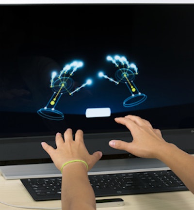 An example of the Leap Motion controller sensing hand gestures. The device was used as an interface to manipulate images or navigate around digital imaging software in this study. Image courtesy of Leap Motion.