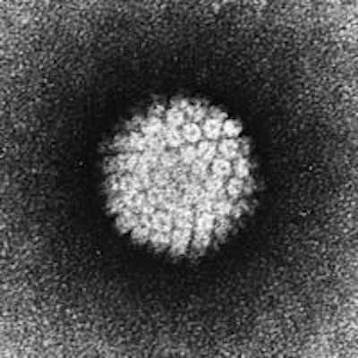 Electron micrograph of a negatively stained HPV. Image courtesy of the Laboratory of Tumor Virus Biology, National Institutes of Health.