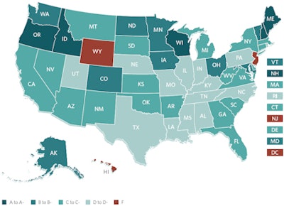 Overall state grades from the 2015 'States Stalled on Dental Sealant Programs' report. Image courtesy of the Pew Charitable Trusts.