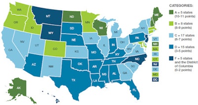Overall state grades from the 2013 'Falling Short: Most States Lag on Dental Sealants' report. Image courtesy of the Pew Center on the States, 2012.