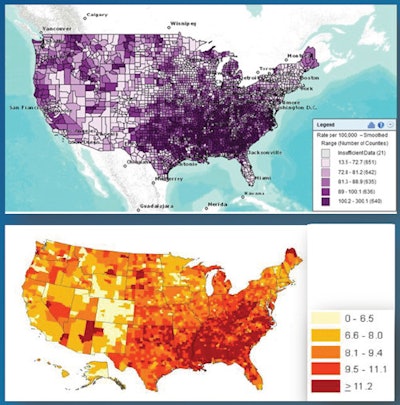 These maps show the rates of diabetes (purple) and stroke (orange) in the U.S. As the presenters noted, the Southeastern region is known as the 'stroke belt' and the 'diabetes belt.' Bottom: 2007 U.S. estimates of diagnosed diabetes among adults age 20 years and older. The maps were created using the Interactive Atlas of Heart Disease and Stroke, a website developed by the CDC Division for Heart Disease and Stroke Prevention. www.cdc.gov/dhdsp/maps.