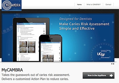 The website for MyCAMBRA, an app that helps practitioners assess their patients' caries risk. Image courtesy of UCSF.