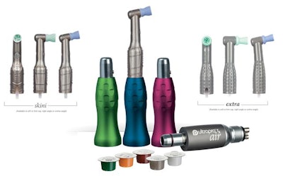 The Ultradent Ultrapro Tx Air handpiece and Tx Skini and Tx Extra prophy angles. Image courtesy of Ultradent.