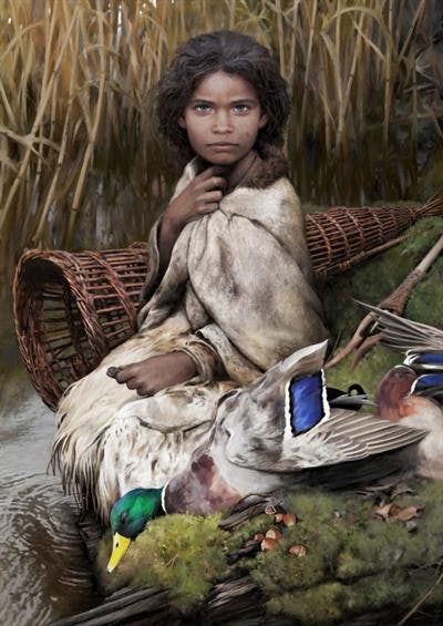 The image is an artistic reconstruction of the female who chewed the 5,700-year-old birch pitch and has been named Lola. Illustration by Tom Björklund.