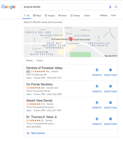 Screenshot of a results page for a Google search for a Phoenix dentist. Image courtesy of Mike Pedersen.