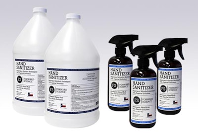 Bottles of hand sanitizer made to meet hospital demand in Texas during the COVID-19 pandemic. Image courtesy of Forward Science.