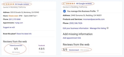 Screenshot showing two companies and their reviews via Google