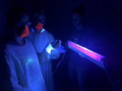 Researchers were able to identify widespread simulated contagion on the PPE, both on gloves and gowns from touching a simulated patient and on face shields and masks from an aerosolized solution. All images courtesy of Rami Ahmed, DO.