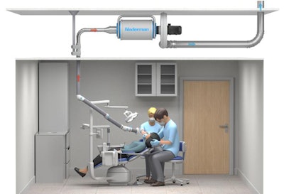 An example of a dental team working on a patient in an operatory with Nederman FX2 extraction installed. All images courtesy of Nederman.