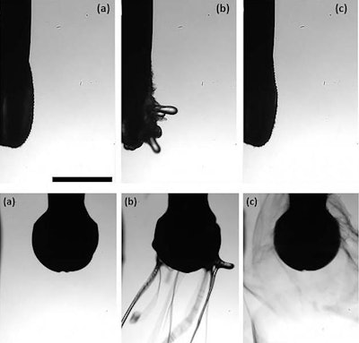 The polymer forms snakelike threads near the tip of a vibrating ultrasonic scaler (top), and it forms spools near the tip of a turbine-driven dental drill, eliminating aerosolization completely. Image courtesy of Jevon Plog.