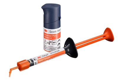 3M Scotchbond Universal Plus adhesive and 3M RelyX Universal resin cement in the self-sealing syringe. Image courtesy of 3M.