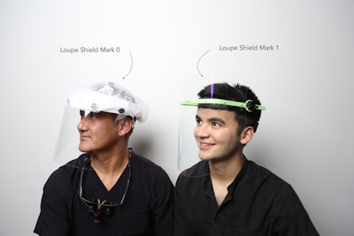 Dr. Scott Yamaoka wears the first version of the Loupe Shield and his son and co-inventor, Zach, wears the version that they are selling to dentists. All images courtesy of Scott Yamaoka.