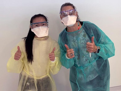Angelica Amatangelo and faculty member Dr. Lori Doran-Garcia at the first student-led COVID-19 vaccination clinic. Image courtesy of the University of the Pacific.