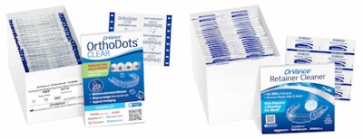 OrthoDots Clear and OrVance Retainer Cleaner now come in professional dispensing packs. Image courtesy of OrVance.