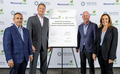 From left to right: Dr. Mark Schafer, CEO of MemorialCare Medical Group; Barry Arbuckle, PhD, president and CEO of MemorialCare; Stephen Thorne, founder and CEO of PDS; and Dr. Carolyn Ghazal, PDS founding owner dentist. Image courtesy of PDS.