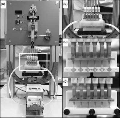 Test setup representing the brushing device connected to an external tank and pump for brushing simulation. (A) A magnified image section representing the connected holding apparatus (B). (C) The plastic sample holder for the samples. (D) The mounted counterpart, which could be placed on the brushing device and allowed for straight and repetitive insertion of the interdental brushes in a guiding hole.