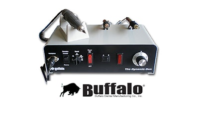 The Dynamic Duo from Buffalo Dental Manufacturing includes (from left to right) the V35 Electric Handpiece, the ThermaKnife with a smoothing tip, and the ThermaKnife with a cutting tip. Image courtesy of Buffalo Dental Manufacturing.
