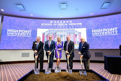 Pictured from left to right are Dr. Daniel Erb, HPU provost; Dr. Scott De Rossi, founding dean of the Workman School of Dental Medicine; Angie Workman and Dr. Rick Workman; and HPU President Nido Qubein. Image courtesy of HPU.
