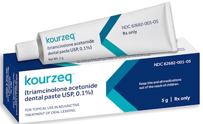 Kourzeq (triamcinolone acetonide dental paste USP, 0.1%). Image courtesy of MidAmerica Pharmaceuticals and BeyondMD.