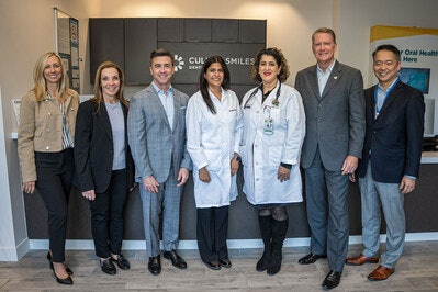 Pacific Dental Services and MemorialCare celebrate the completion of their first co-located medical-dental integrated practice site. From left to right: Alex Creelman, PDS Regional Partner, Dr. Carolyn Ghazal, PDS Chair of GP Platform Development, Dan Burke, PDS Chief Enterprise Strategy Officer, Dr. Deepika Dhama, owner of Culver Smiles Dentistry, Dr. Andrea Murchie, MemorialCare primary care physician, Barry Arbuckle, MemorialCare President and CEO, and Dr. David Kim, CEO of MemorialCare Medical Group. Image and caption courtesy of PDS.