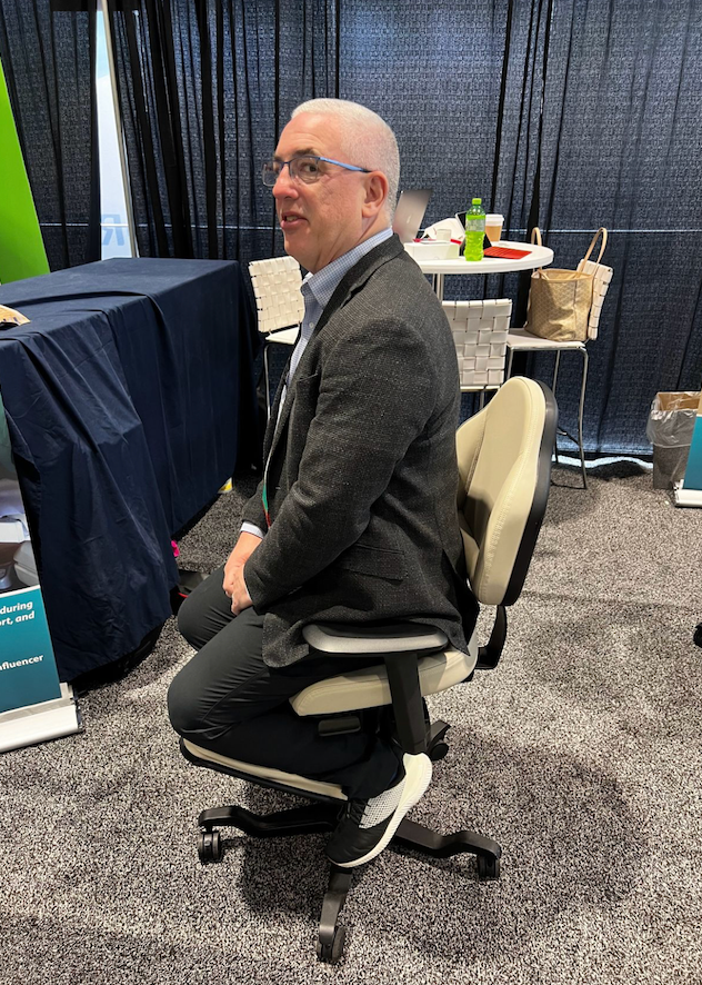 Kevin Henry tests out the Edge Gemini ergonomic chair.
