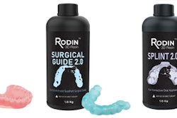 New Pac Dent 3D printing resins for dental procedures and restorative applications include Denture Base 2.0, Surgical Guide 2.0, and Splint 2.0. Image and caption courtesy of Nexa3D.