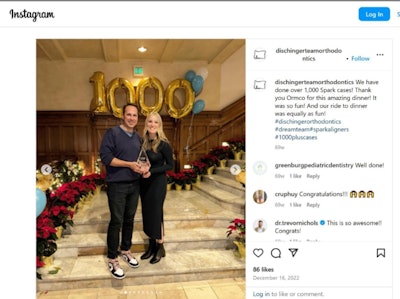 An Instagram post cited as an exhibit in the lawsuit. Image courtesy of Align Technology Inc. v. Dischinger Orthodontics PC and Dr. William Dischinger, U.S. District Court for the District of Oregon, Portland Division, 22, (2024).