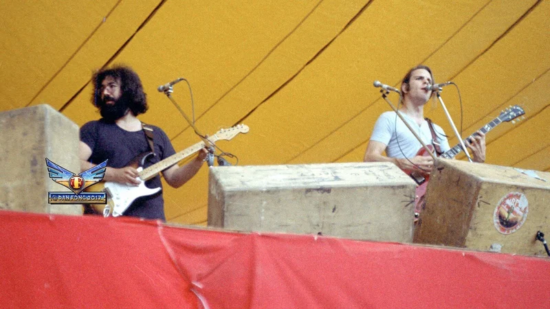 Jerry Garcia and Bob Weir of the Grateful Dead play their first show at Folsom Field, University of Colorado Boulder, on September 3, 1972. Photograph by Dan Fong. Image and caption courtesy of CU Anschutz School of Dental Medicine.