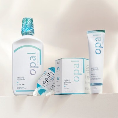 The Opal by Opalescence product line, which includes its new alcohol-free whitening mouthwash (pictured at the far left). Image courtesy of Opal by Opalescence.