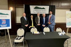 The Vermont State Dental Society (VSDS) and the University of Detroit Mercy (UDM) are partnering to bring the first dental oral health education center to Vermont in 2027. Pictured from left to right: VSDS Executive Director Patrick Gallivan; Rebecca Ellis, state director for Sen. Peter Welch; Dr. Mert Aksu, dean, UDM; Sen. Bernie Sanders; Dr. Justin Hurlburt, VSDS president. Image courtesy of the VSDS and UDM.