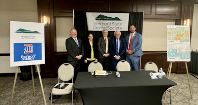 The Vermont State Dental Society (VSDS) and the University of Detroit Mercy (UDM) are partnering to bring the first dental oral health education center to Vermont in 2027. Pictured from left to right: VSDS Executive Director Patrick Gallivan; Rebecca Ellis, state director for Sen. Peter Welch; Dr. Mert Aksu, dean, UDM; Sen. Bernie Sanders; Dr. Justin Hurlburt, VSDS president. Image courtesy of the VSDS and UDM.