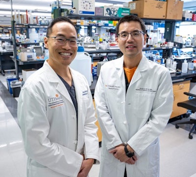 Associate professors Drs. Chun-Teh Lee, DMSc, MS (right), and Simon Young, PhD, (left) are investigating a novel microcytokine factory platform for the treatment of periodontal disease and oral cancer. Image and caption courtesy of Kyle Rogers/UT Health Houston.