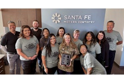 Dr. Kelley Ryals (center), who led the event, and PDS Foundation Executive Director Michael Le (left) with the team at Santa Fe Modern Dentistry during the Give Vets a Smile event, which provided $73,451 in donated care to veterans. Image and caption courtesy of the PDS Foundation.