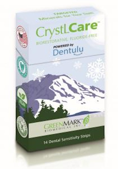 The CrystLCare biorestorative, fluoride-free, 14-dose flip-top pack. Image courtesy of Greenmark Biomedical Inc.
