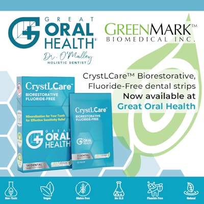 CrystLCare Biorestorative dental strips. Image courtesy of GreenMark Biomedical Inc. and Great Oral Health Inc.