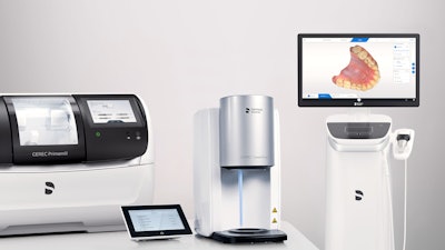 The CEREC system, including Primescan, CEREC software, and Primemill. Image courtesy of Dentsply Sirona.