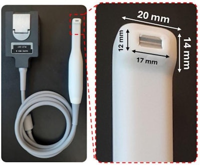The toothbrush-shaped ultrasound transducer (left image) features a small head size (right image), allowing easy access to premolars and molars in the back of the mouth.