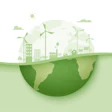 Green earth with sustainable city landscape featuring wind turbines and solar panels.